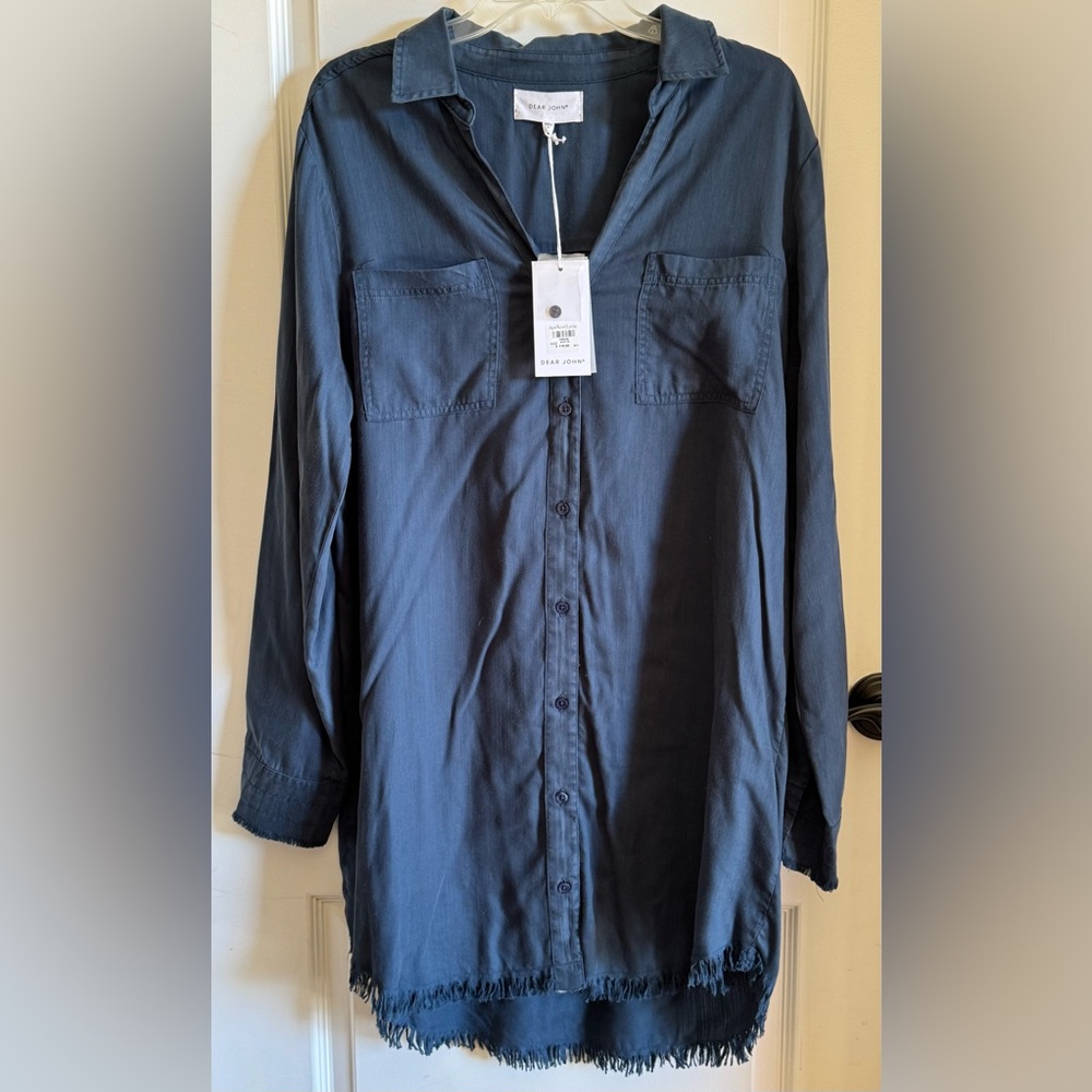NWT Dear John W Sz.L Avery Button Fringe Blue Dress/Tunic Minimalist Boho Hippie